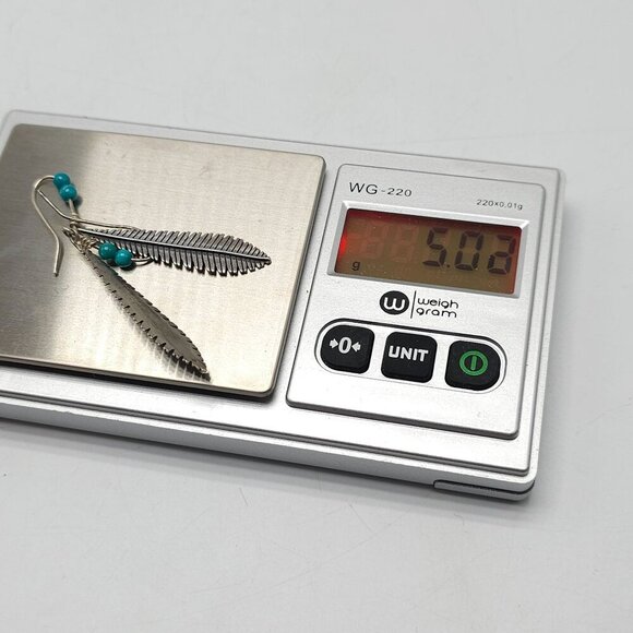 Sterling Silver Feather Earrings With Turquoise Beads Fish Hook Design - Picture 4 of 5